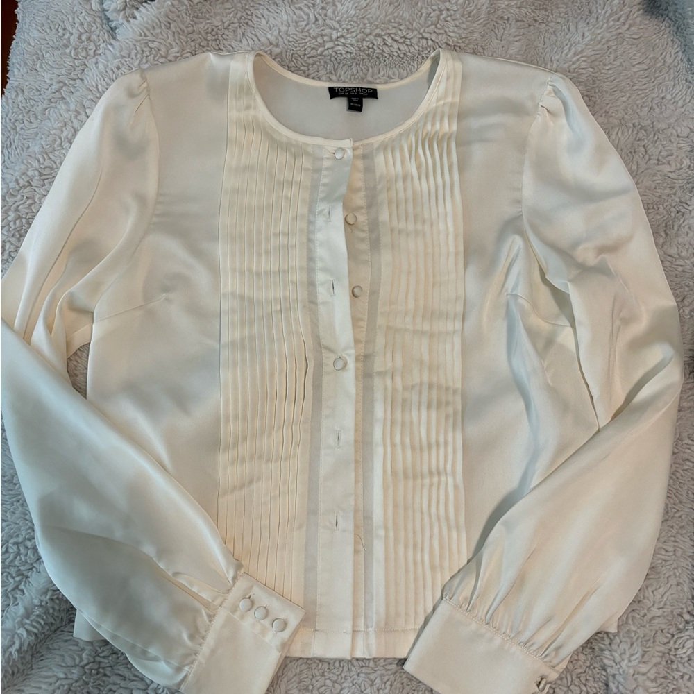 Topshop Cream Blouse with Bib Collar and Cuffed Sleeves